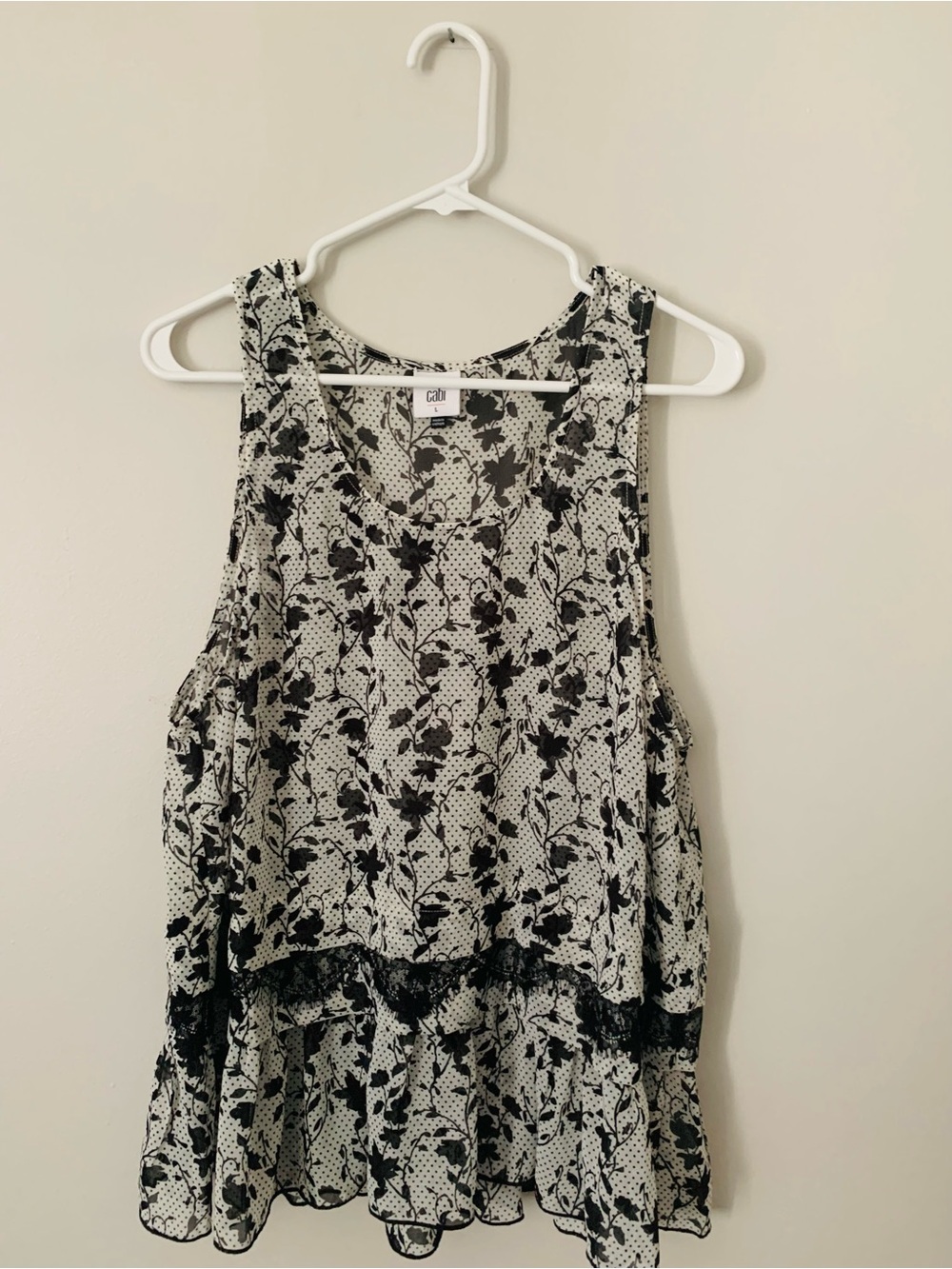 CAbi Black & White Floral Ruffle Tank Top
